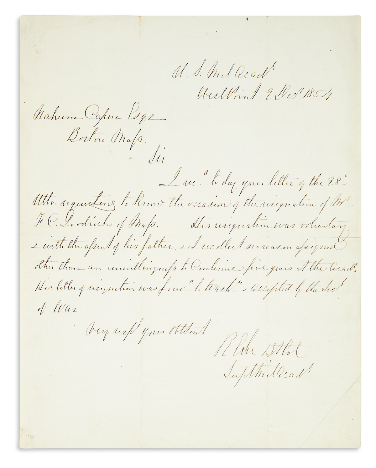 LEE, ROBERT E. Autograph Letter Signed, RELee Bt Col / SuptMilAcady, as Superintendent of the United States Military Academy, to Nah